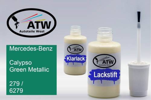 Mercedes-Benz, Calypso Green Metallic, 279 / 6279: 20ml Lackstift + 20ml Klarlack - Set, von ATW Autoteile West.